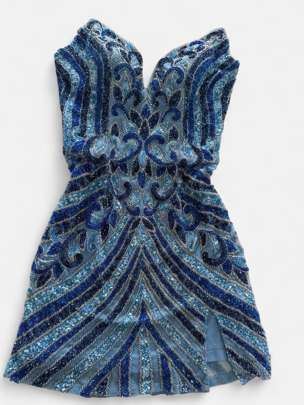 Jovani Blue Beaded Strapless Cocktail Dress